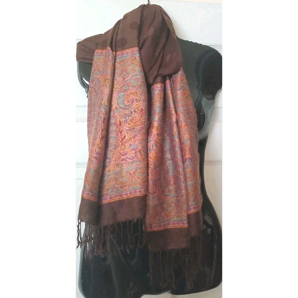 Oversized Cashmere Scarf Brown Polka Dot And Paisley Print Unbranded 27